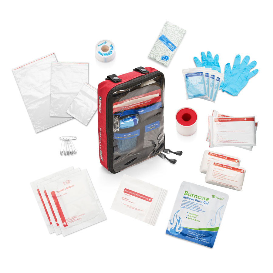 Contents of the marine module laid out: dressings, gloves, tape and compresses