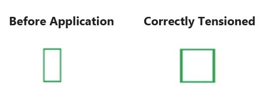 The tension indicator before application and at correct tension