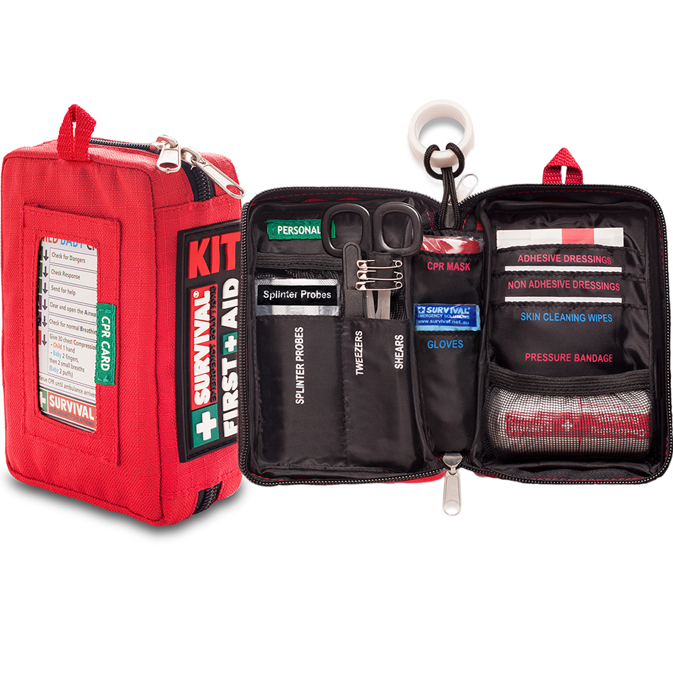 Compact kit closed and opened side by side, showing the labelled compartments