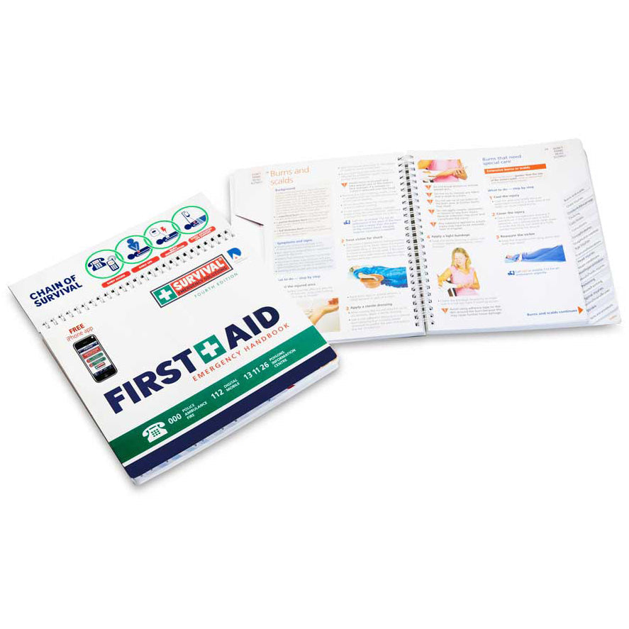 First Aid Emergency Handbook shown closed and opened at an illustrated page