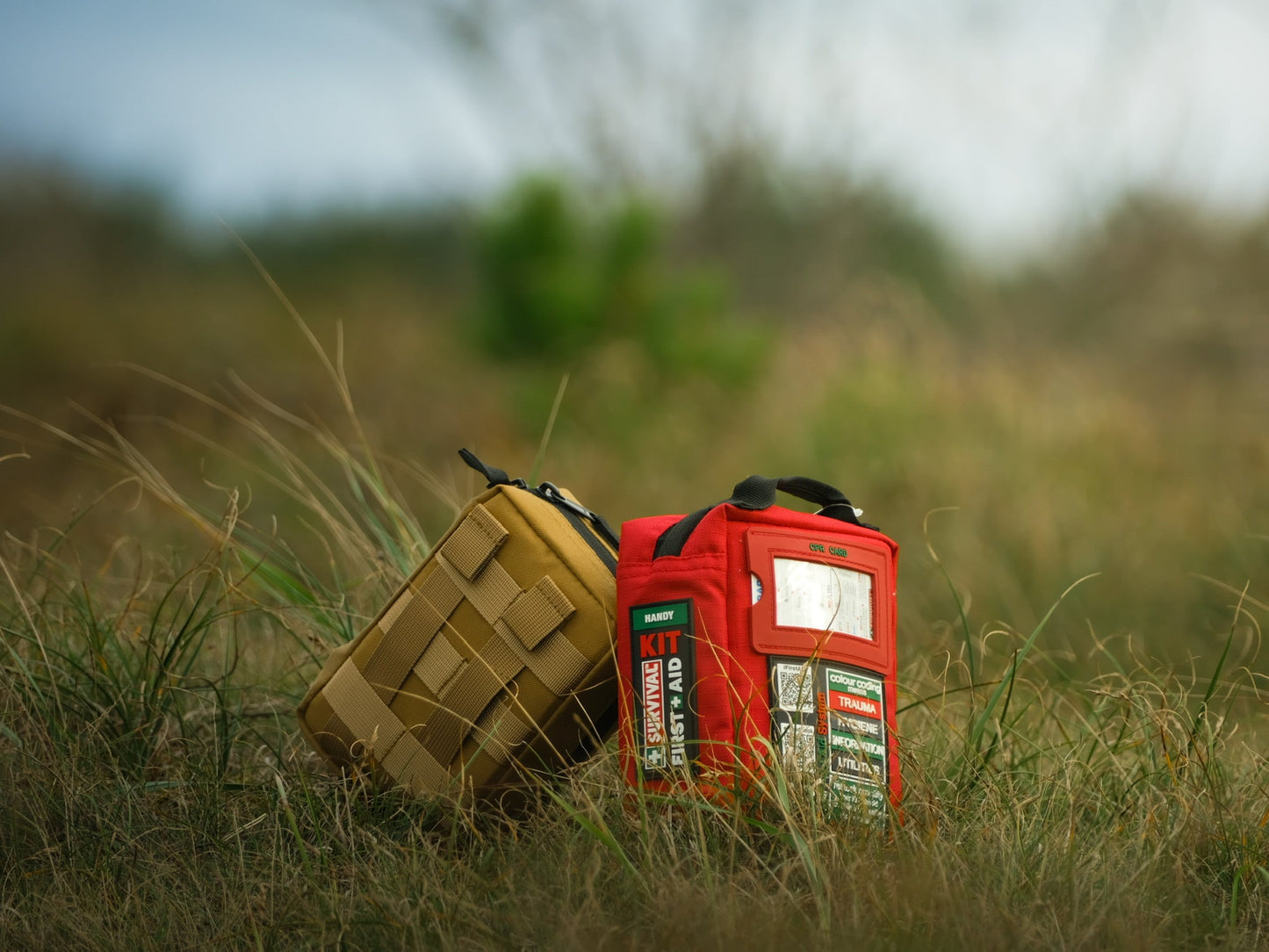 Coyote and red SURVIVAL first aid kits standing in dune grass