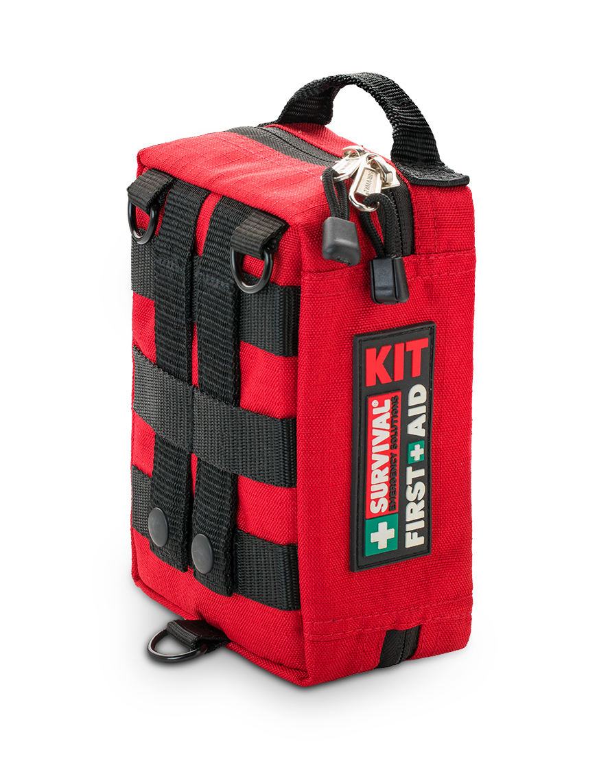 Red SURVIVAL Handy first aid case standing upright, closed
