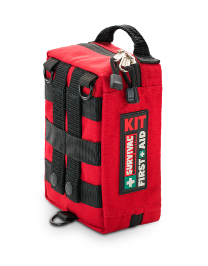 Red SURVIVAL Handy first aid case standing upright, closed