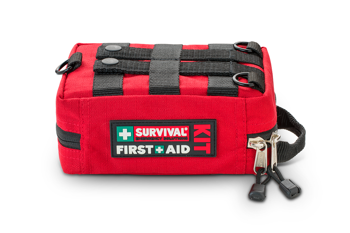 Red Handy case lying flat, closed, with the shoulder strap clip