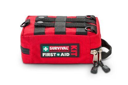 Red Handy case lying flat, closed, with the shoulder strap clip