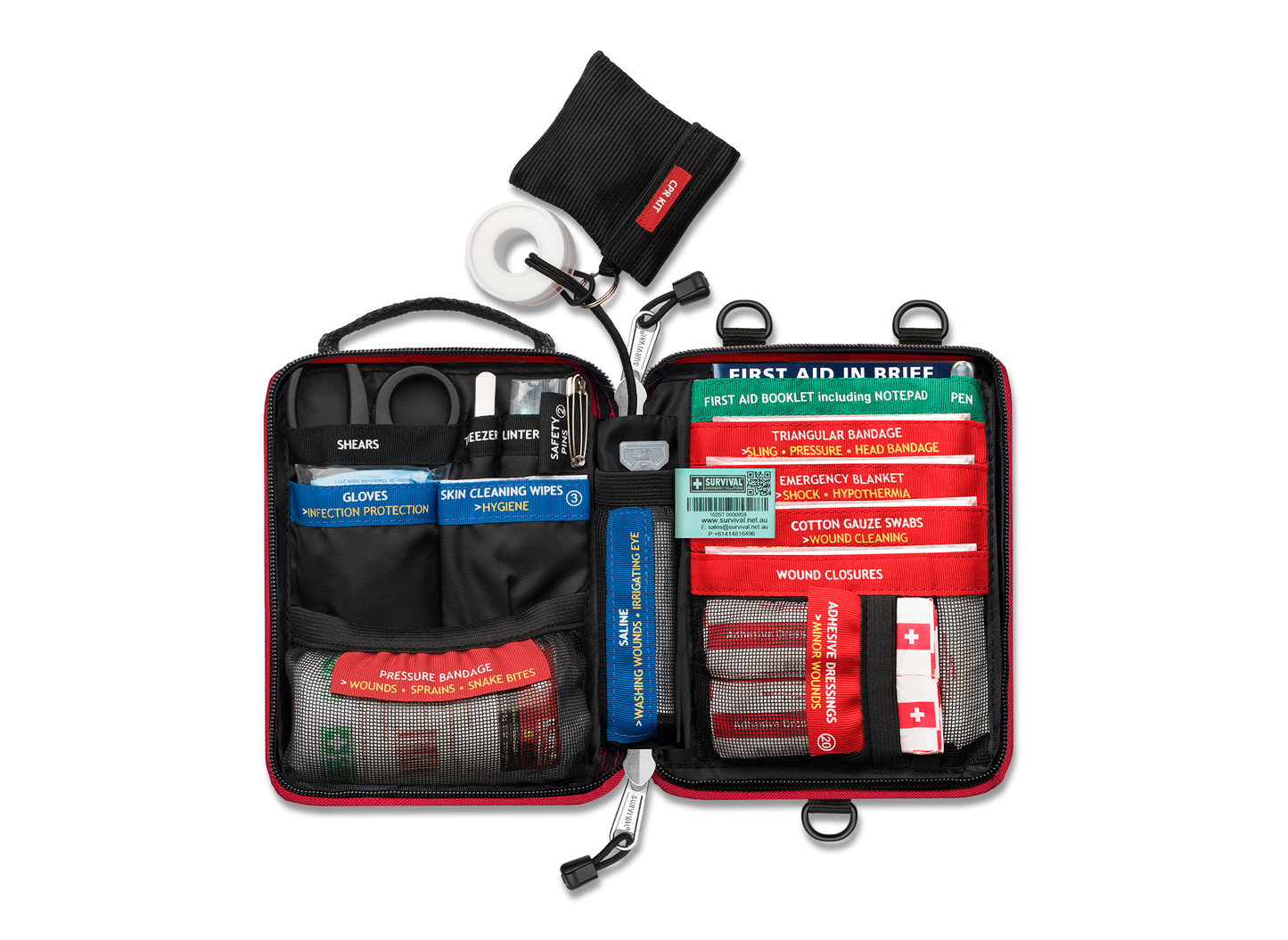 Handy case opened flat, showing the colour-coded compartments and CPR mask