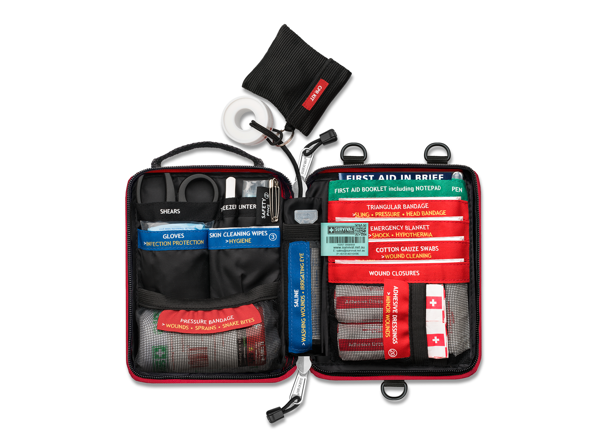 Handy case opened flat, showing the colour-coded compartments and CPR mask