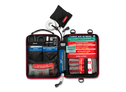 Handy case opened flat, showing the colour-coded compartments and CPR mask
