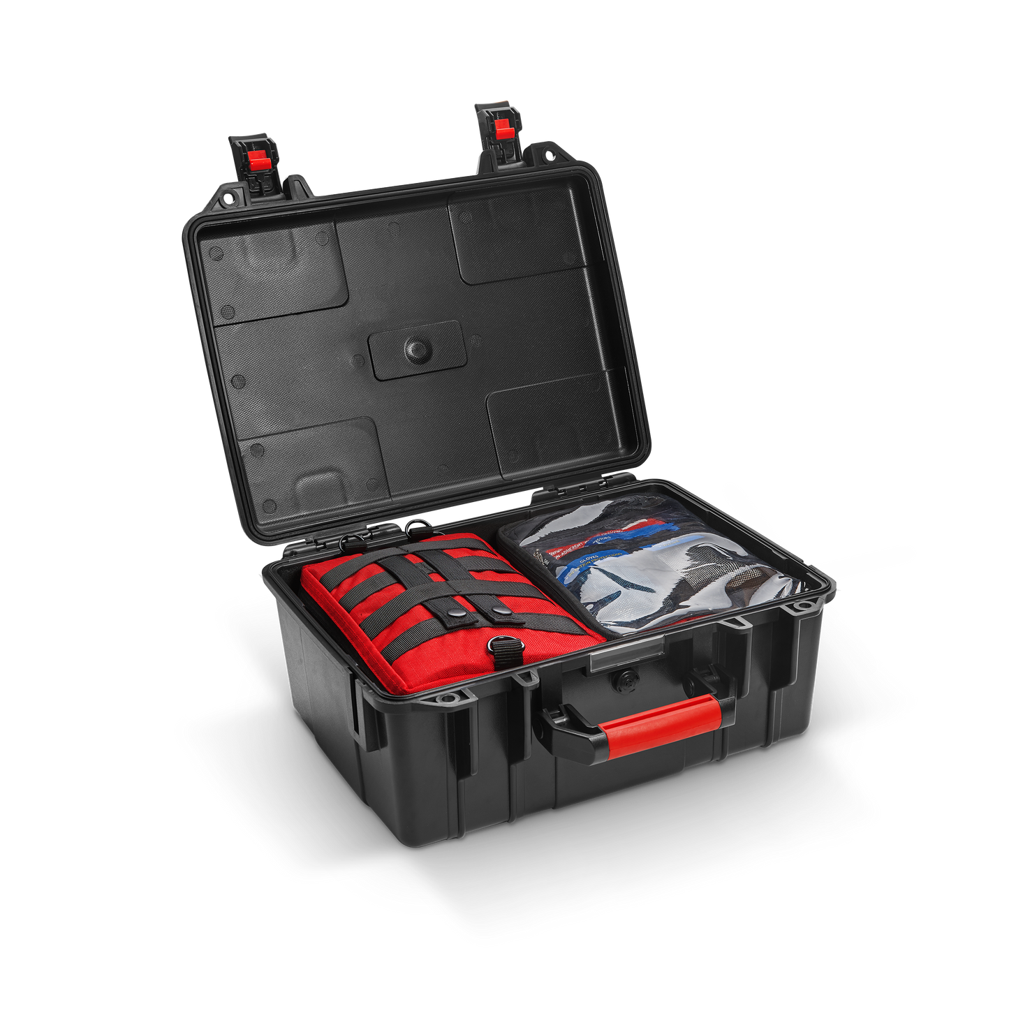 Open waterproof transport box with the red first aid case packed inside