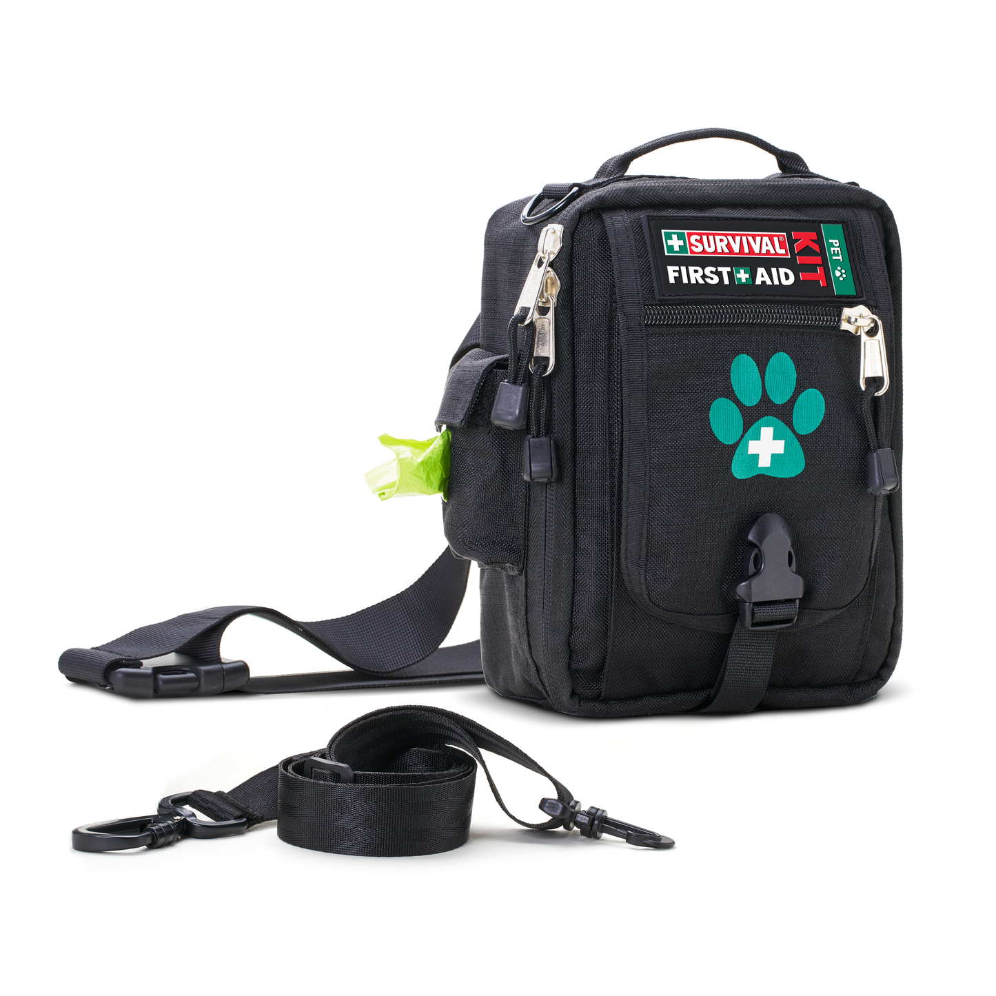 Black Pet first aid bag with turquoise paw print, shown with the shoulder strap