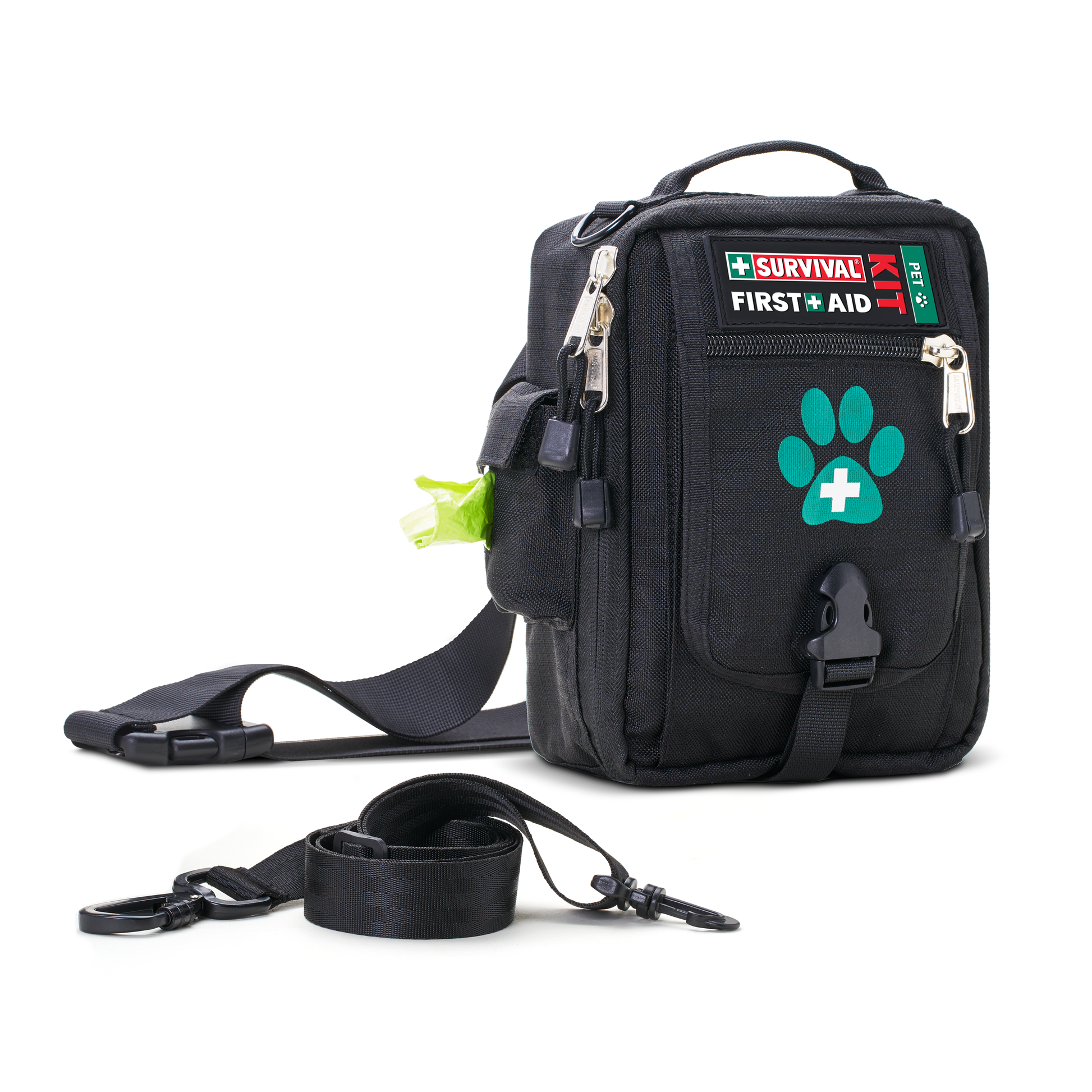 Black Pet first aid bag with turquoise paw print, shown with the shoulder strap
