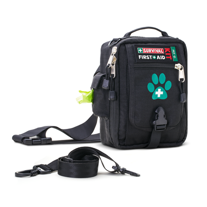 Black Pet first aid bag with turquoise paw print, shown with the shoulder strap