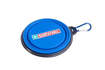 Blue folding silicone bowl with SURVIVAL logo and carabiner