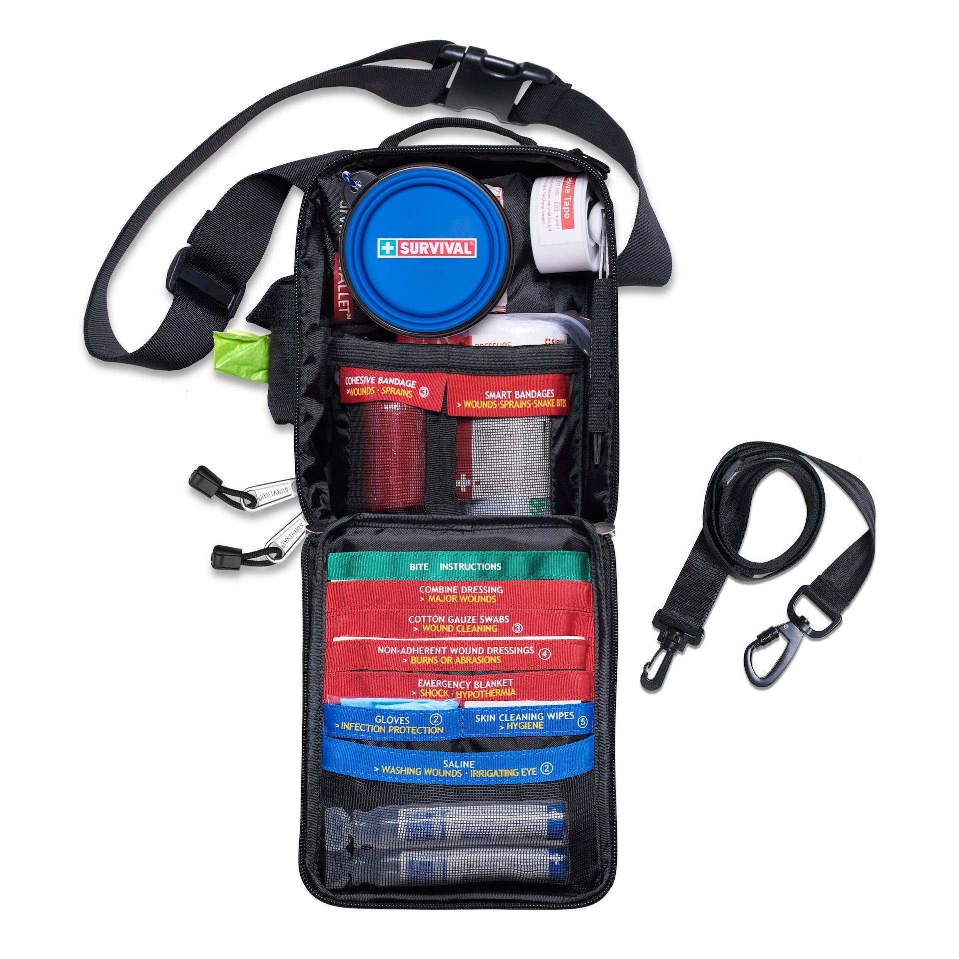 Pet bag opened flat, showing the colour-coded sections, leash strap and folding bowl