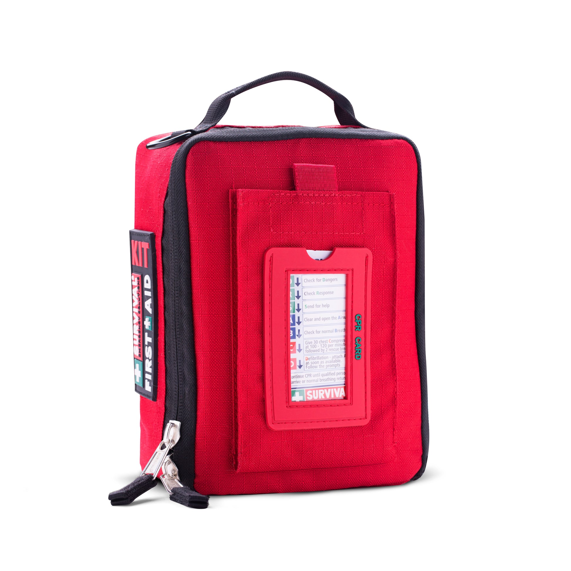 Red Grab and Go first aid bag standing upright, with the ID window on the front
