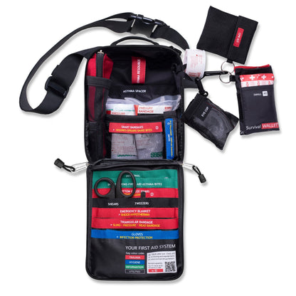 Grab and Go bag opened flat, showing the EpiPen and asthma spacer compartments