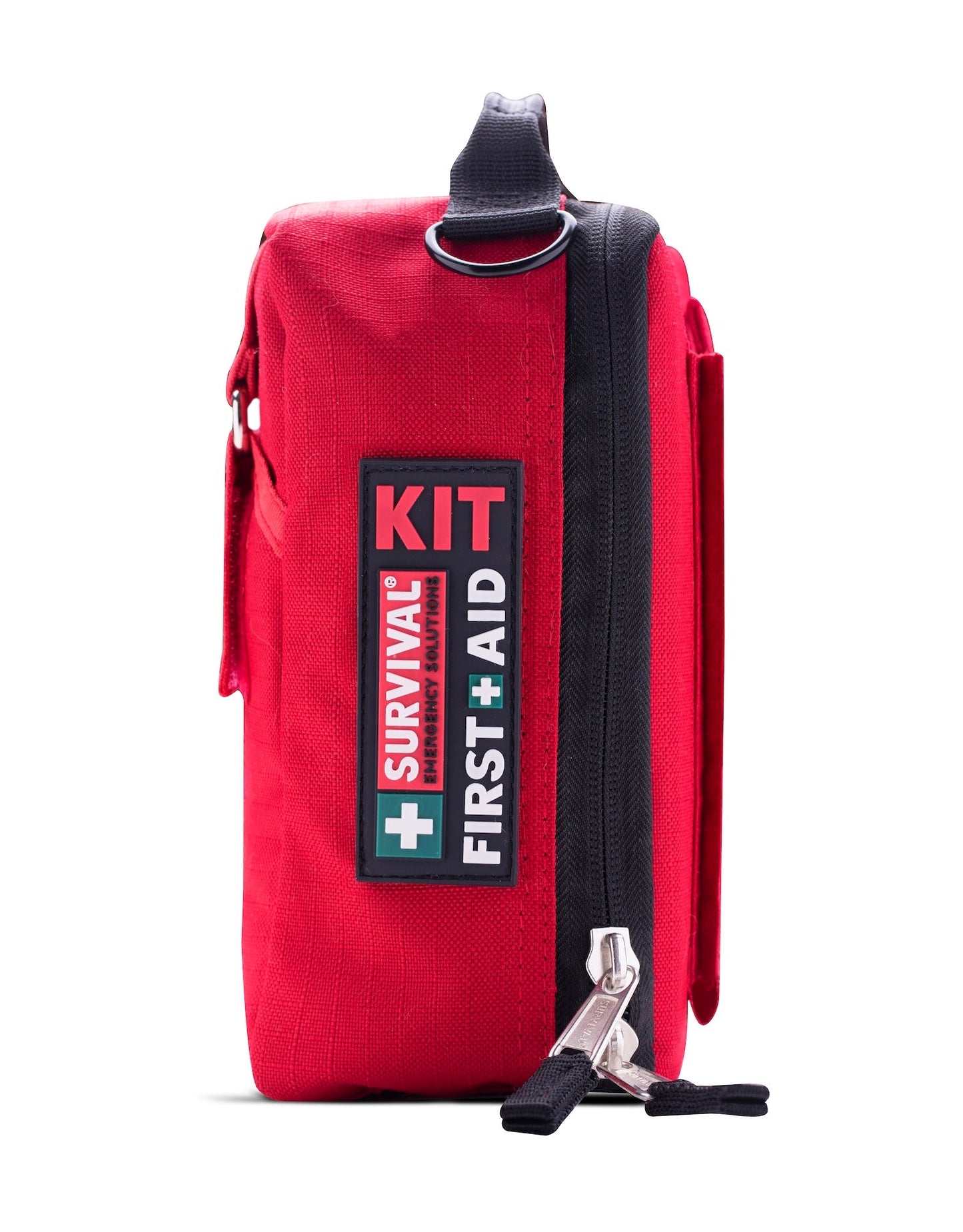 Side view of the red Grab and Go bag, showing the full-length zip