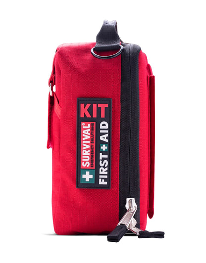Side view of the red Grab and Go bag, showing the full-length zip