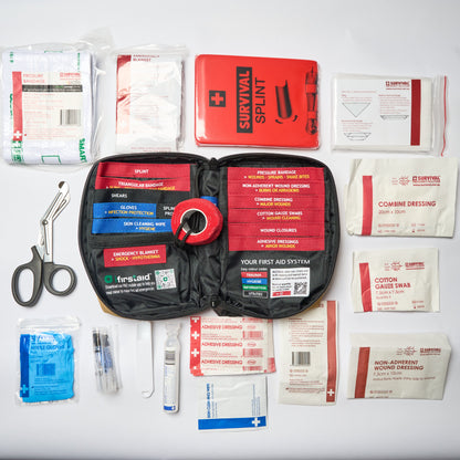 Hiking kit opened with all 27 items laid out around it