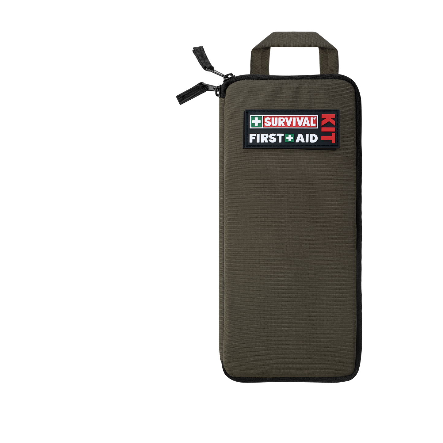 Slimline first aid kit in olive green, front view, closed