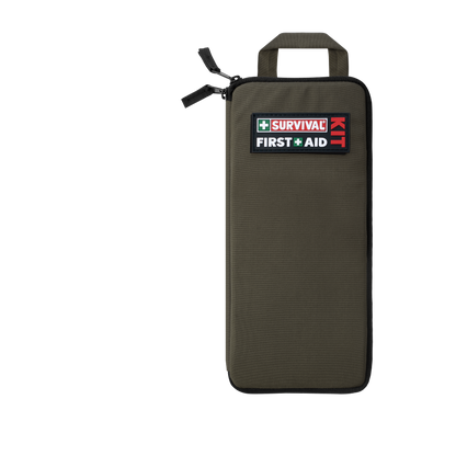 Slimline first aid kit in olive green, front view, closed
