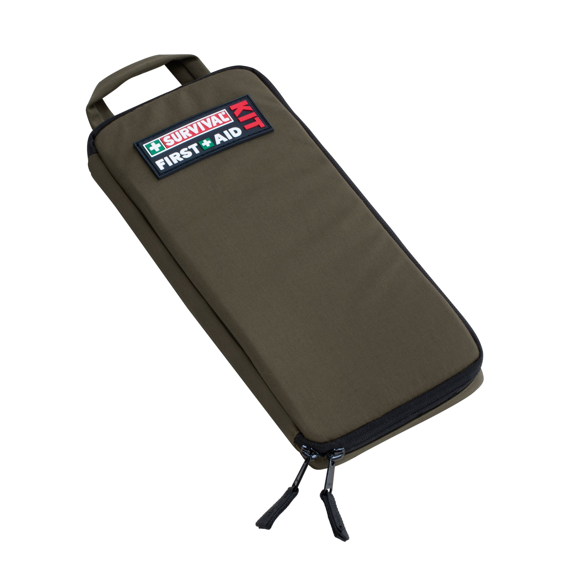 Olive green Slimline first aid kit standing upright, closed, showing the flat profile