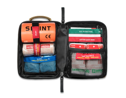 Snake Bite kit opened, showing the splint, SMART bandages and instruction card