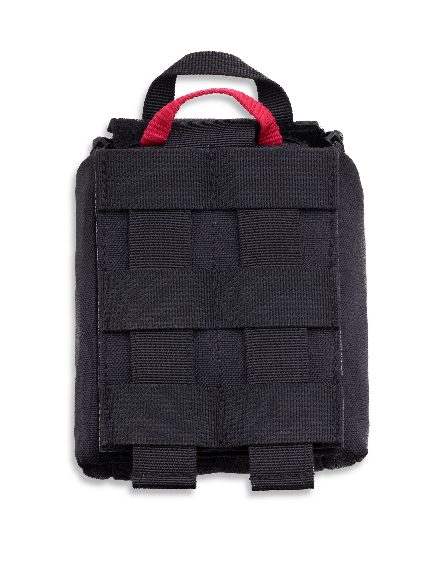 Back of the black Trauma pouch with the red pull handle and MOLLE webbing