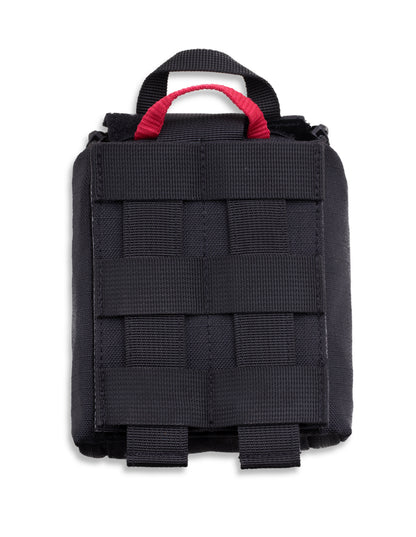 Back of the black Trauma pouch with the red pull handle and MOLLE webbing