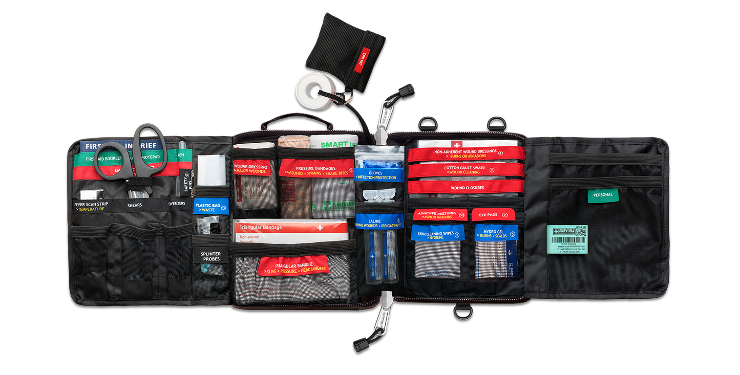 Vehicle case opened flat, showing the colour-coded compartments
