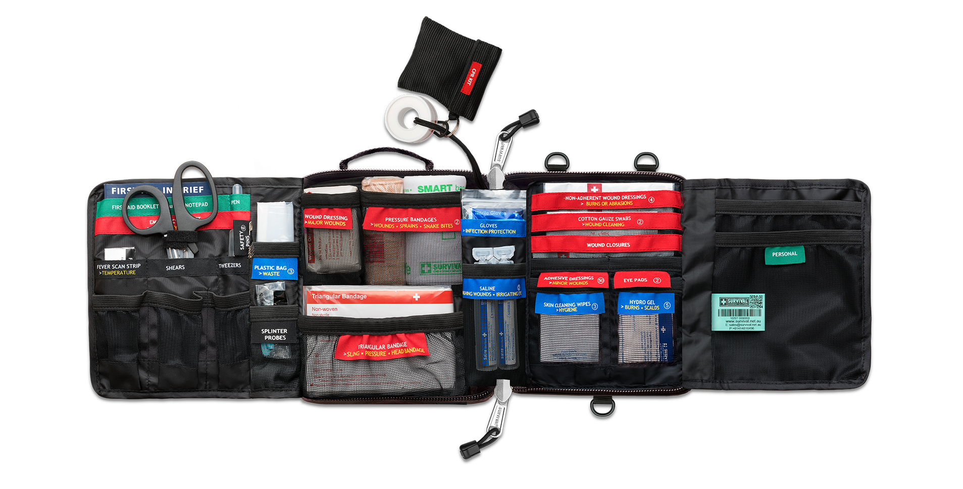 Vehicle case opened flat, showing the colour-coded compartments