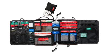 Vehicle case opened flat, showing the colour-coded compartments