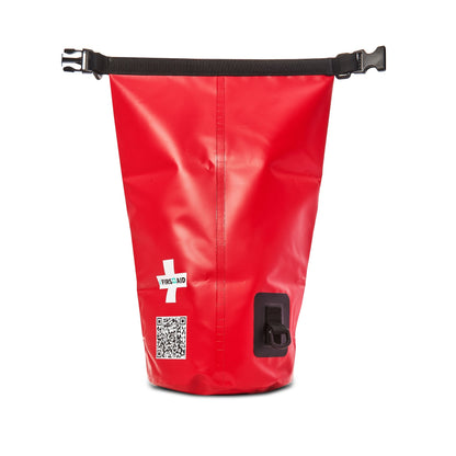Back of the red dry bag, showing the QR code and roll-top closure