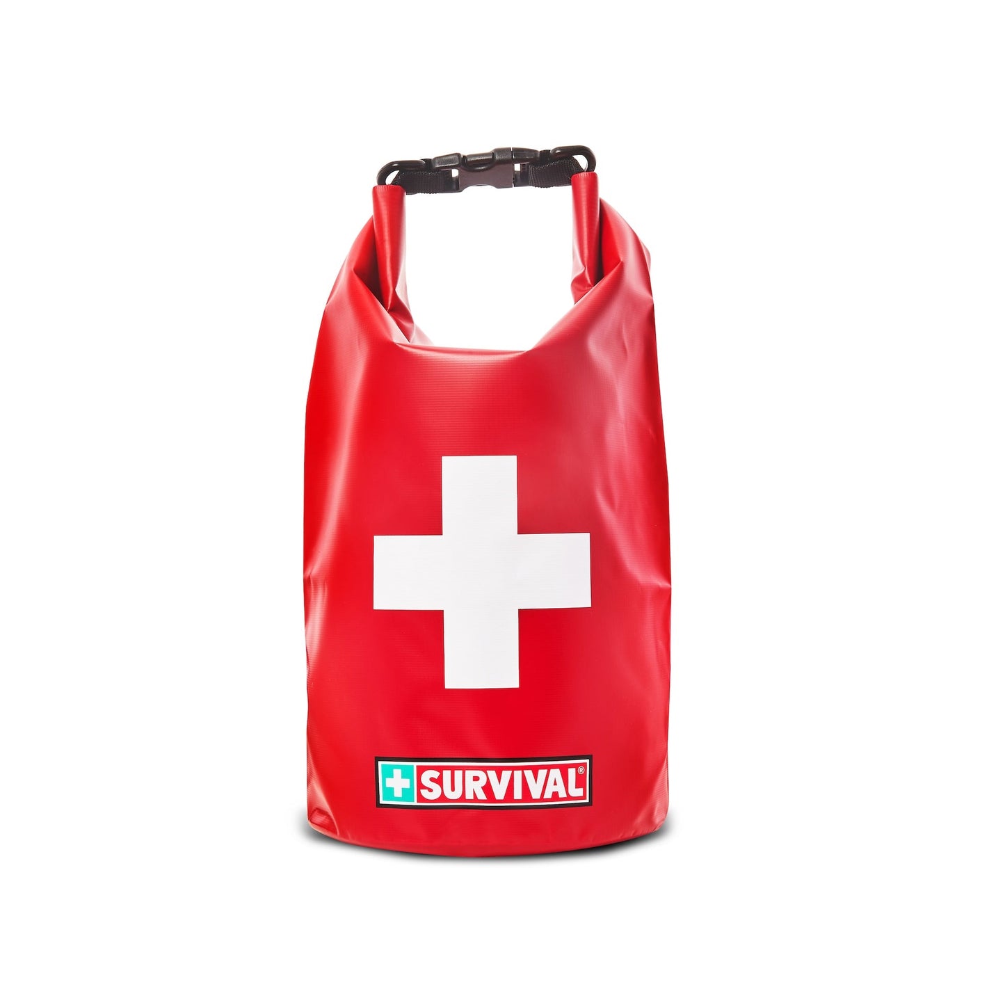 Red waterproof dry bag with white cross, rolled and clipped shut