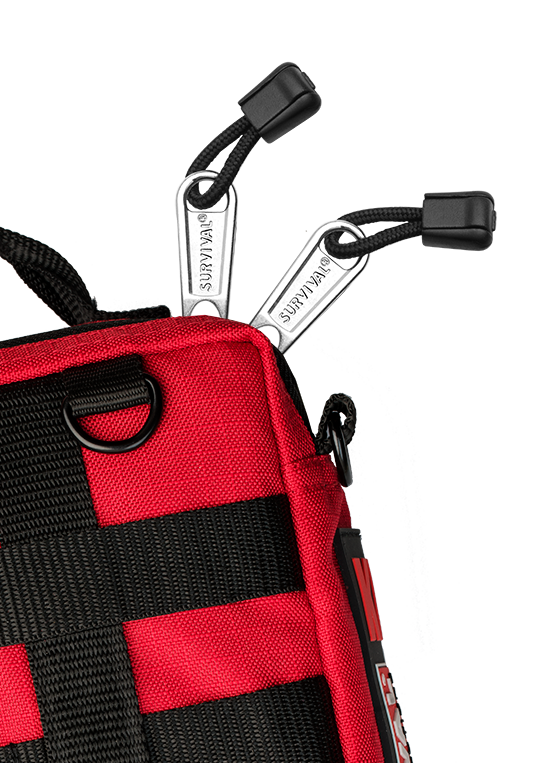 Close-up of the MOLLE webbing, D-ring and zip pulls on the red case