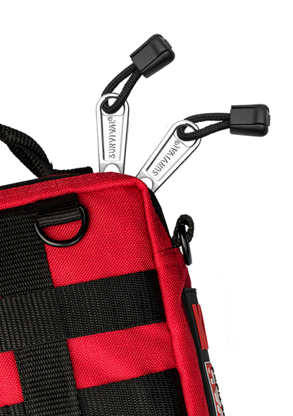 Close-up of the MOLLE webbing, D-ring and zip pulls on the red case