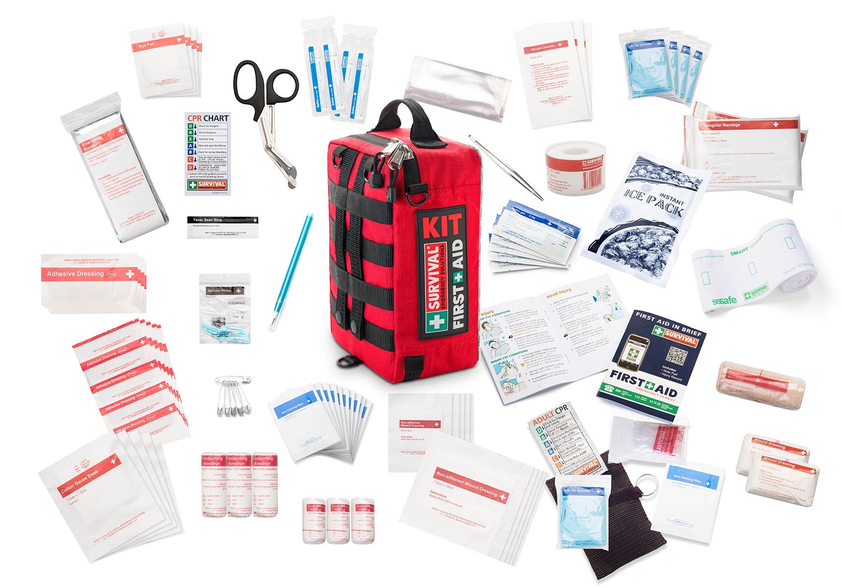 All 164 items laid out around the red Workplace case