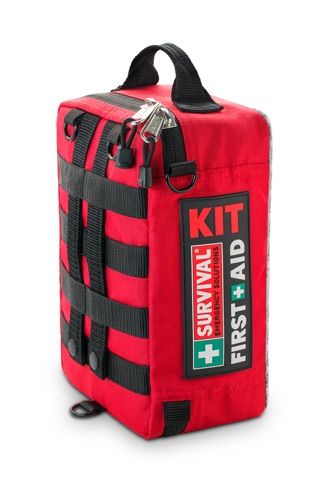 Red SURVIVAL Workplace first aid case standing upright, closed
