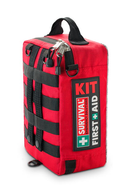 Red SURVIVAL Workplace first aid case standing upright, closed