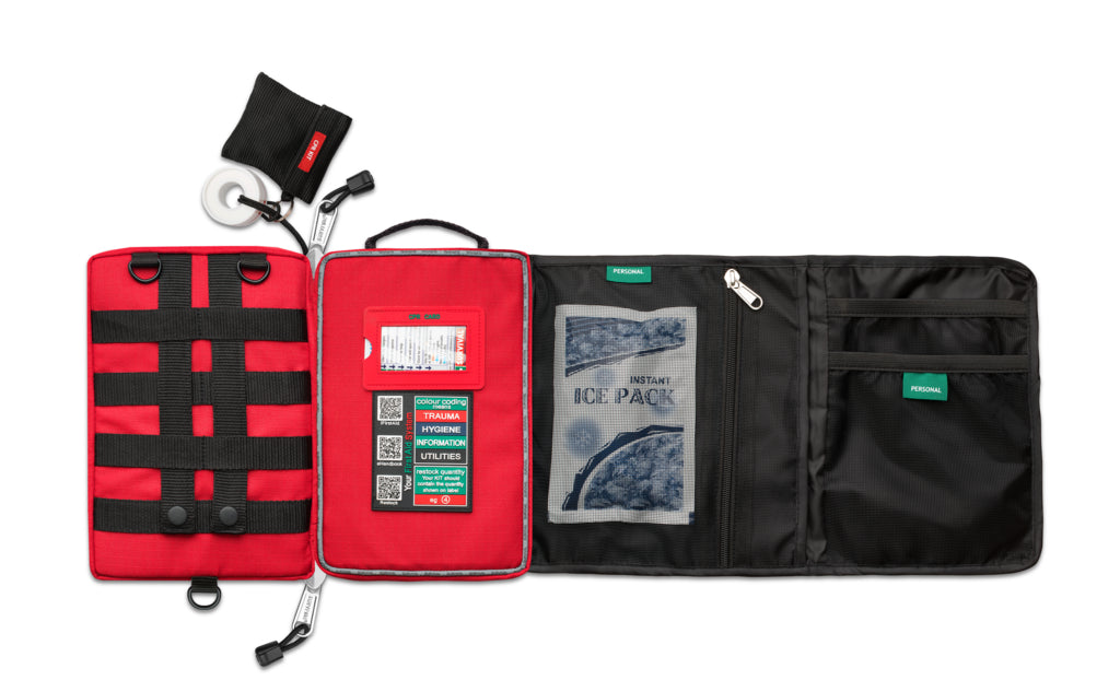 Family case opened, showing the black utilities section and ice pack