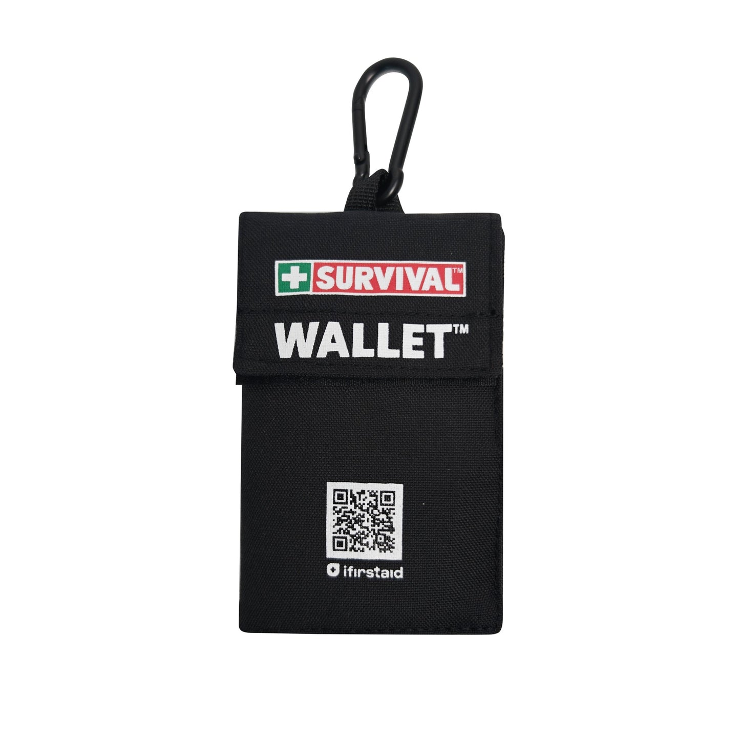 Black SURVIVAL Wallet 2.0 mini first aid kit with carabiner, closed