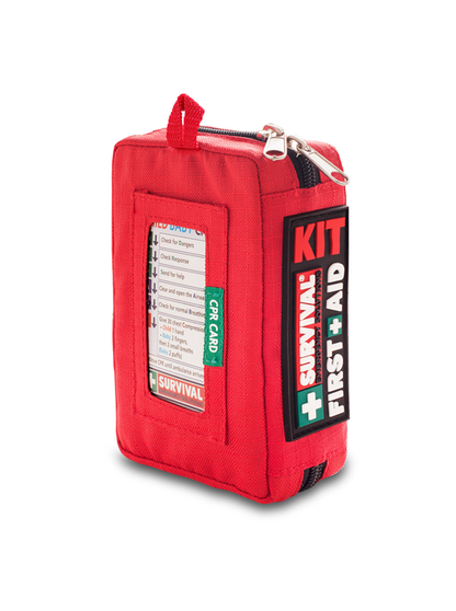 Red SURVIVAL Compact first aid kit, closed, with the CPR card window