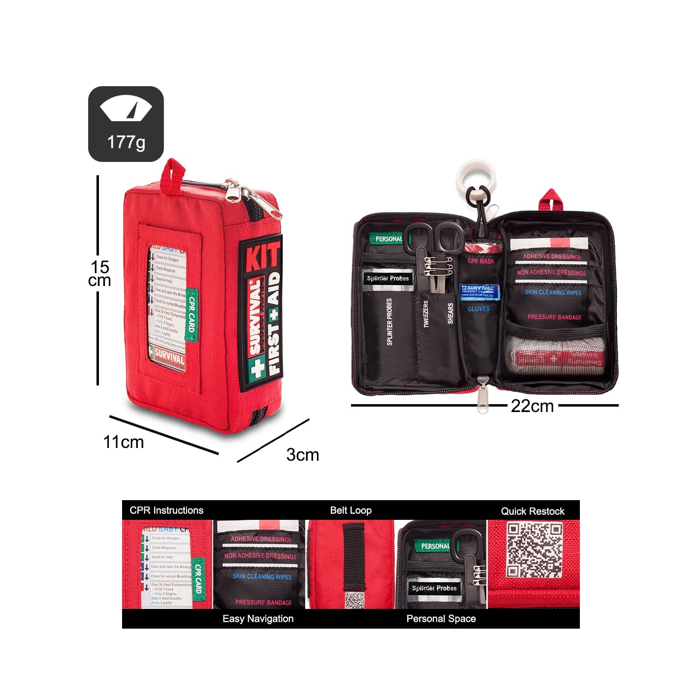 Dimensions of the Compact kit: 15 x 11 x 3 cm, 22 cm opened, weight 177 g