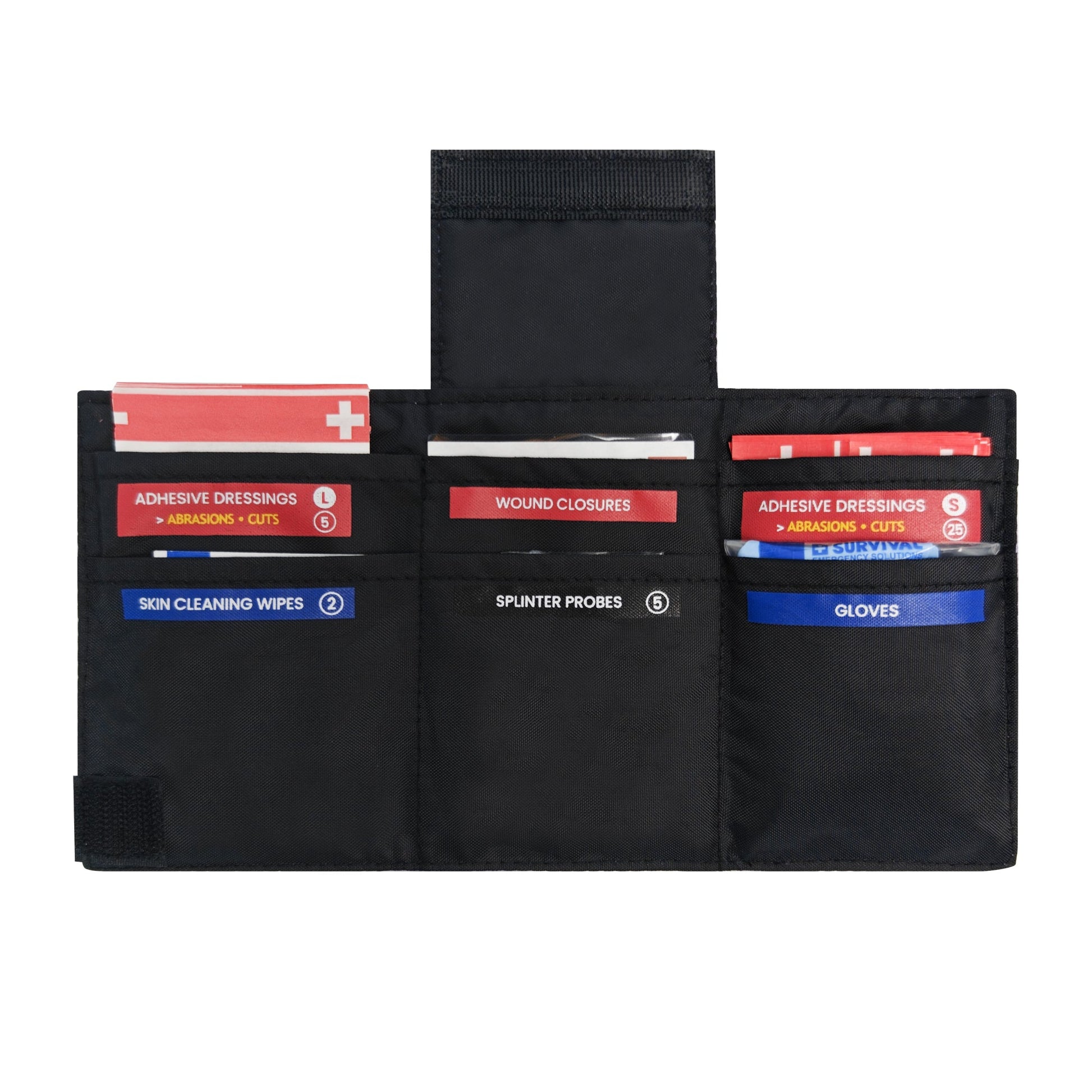 Wallet 2.0 opened flat, showing the labelled pockets