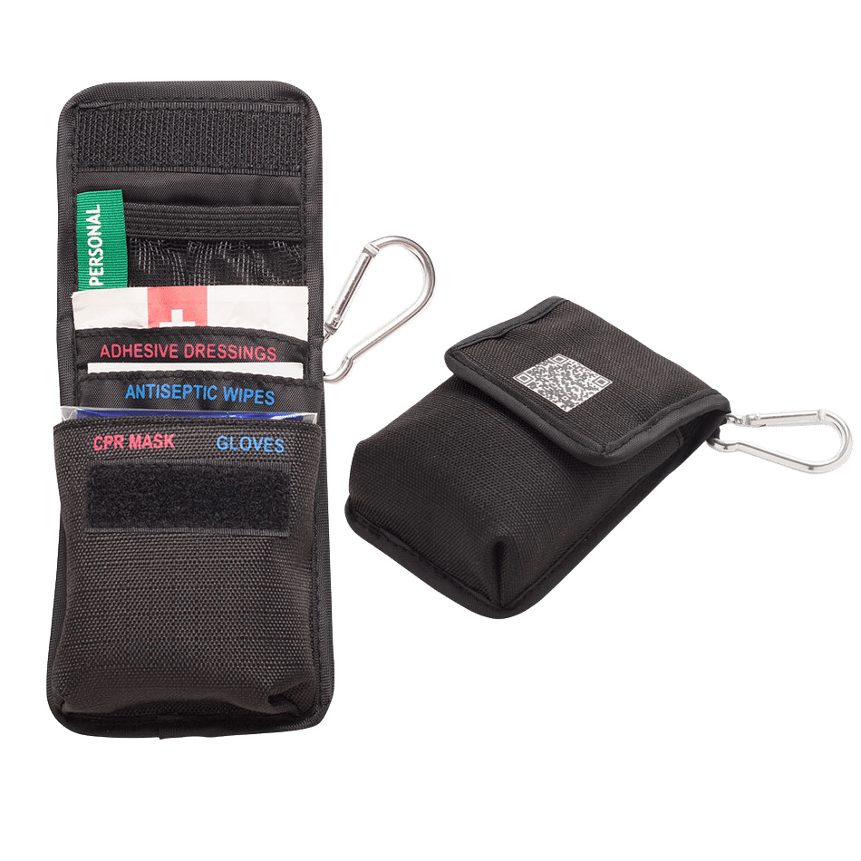 Pocket CPR Kit shown opened and closed, with the carabiner attached