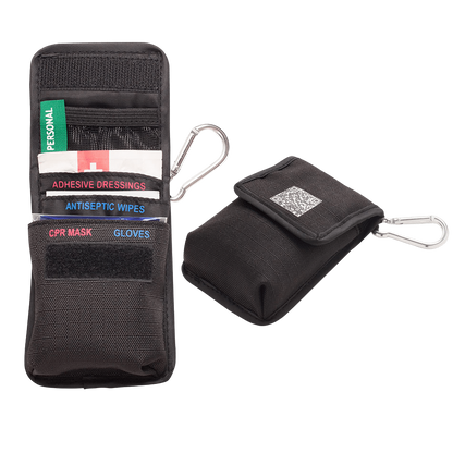 Pocket CPR Kit shown opened and closed, with the carabiner attached