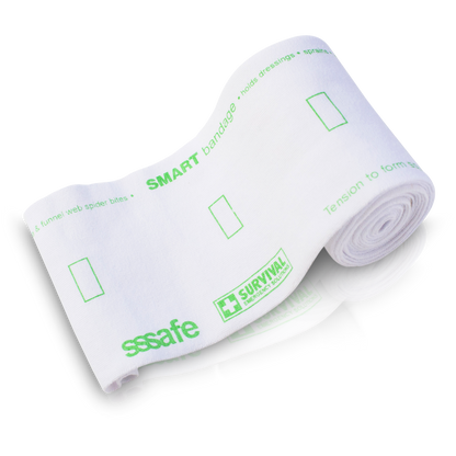 Partly unrolled SMART pressure bandage showing the tension indicators